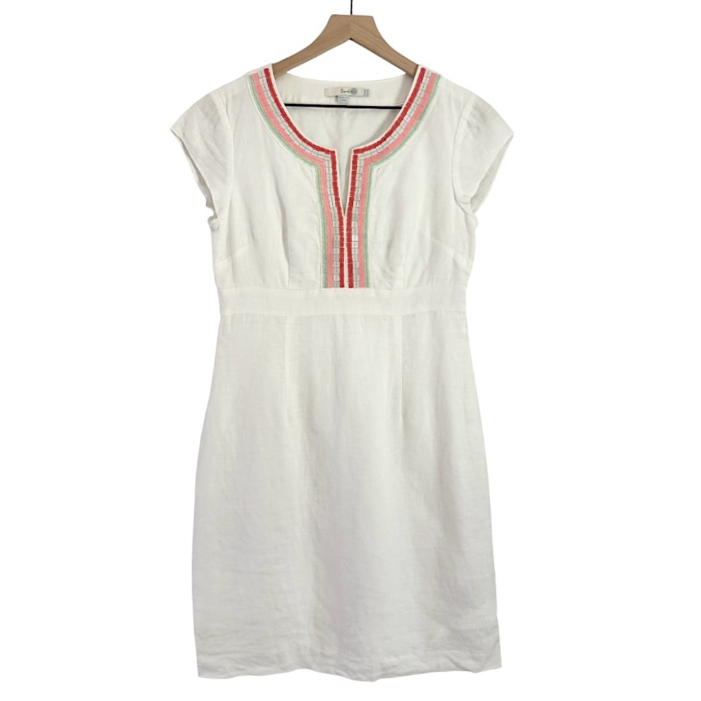 Boden 100%‎ Linen Sequin Cap Sleeve Sorrento Dress White Pink Green Red Size 6